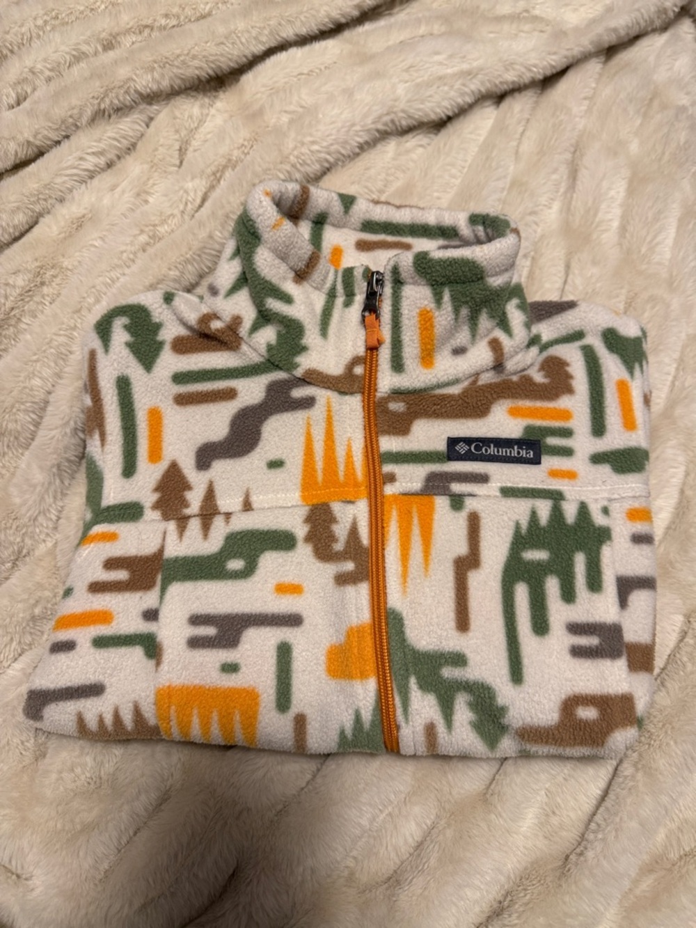 Columbia Cream Fleece Jacket with Green, Brown & Orange Graphic Print
